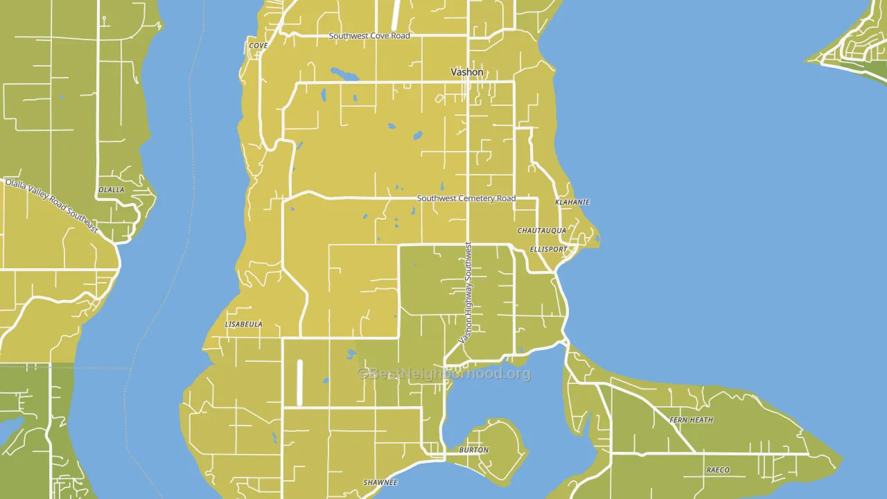 Map of the best neighborhoods in the Vashon area, with better matches in green and worse matches in red