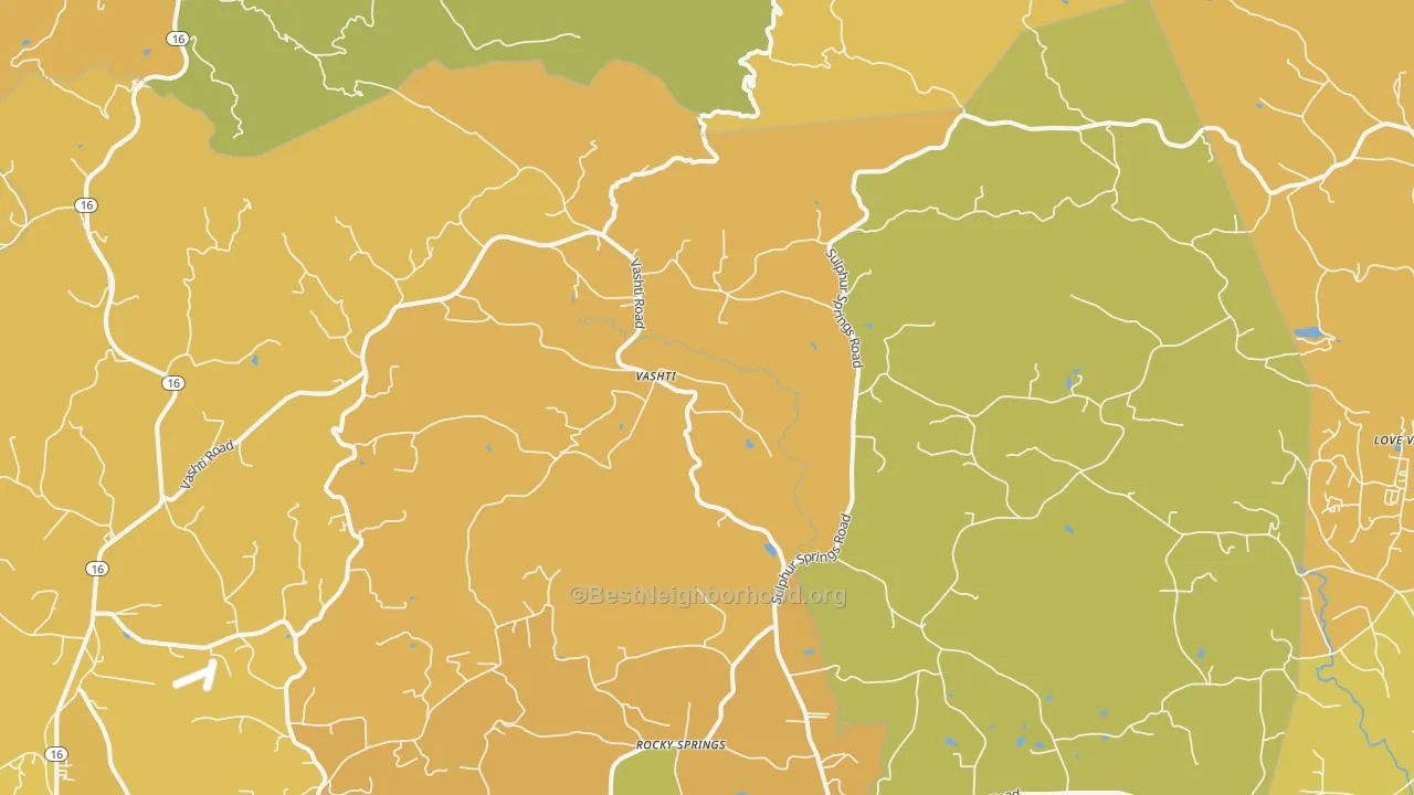 Map of the best neighborhoods in the Vashti area, with better matches in green and worse matches in red