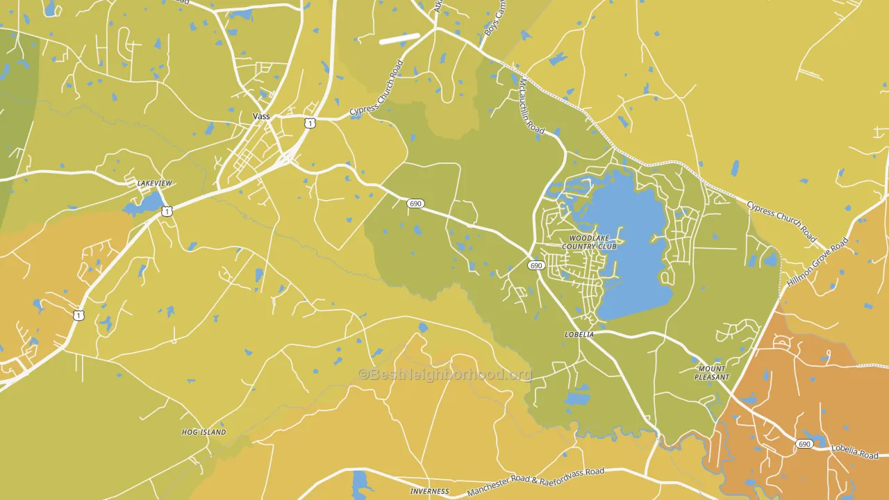 Map of the best neighborhoods in the Vass area, with better matches in green and worse matches in red