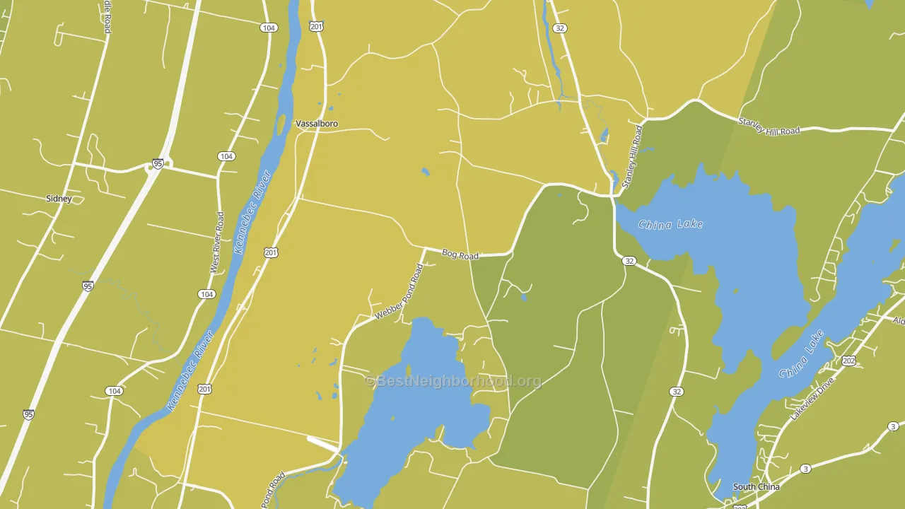 Map of the best neighborhoods in the Vassalboro area, with better matches in green and worse matches in red