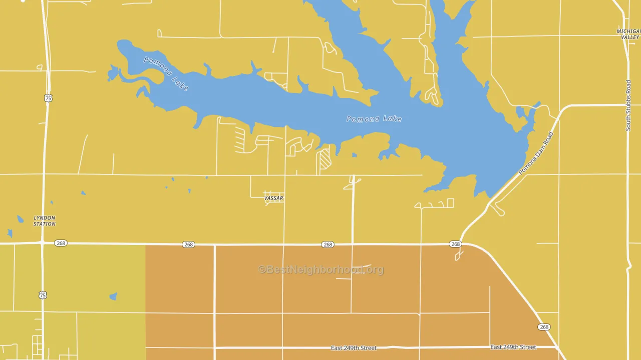 Map of the best neighborhoods in the Vassar area, with better matches in green and worse matches in red