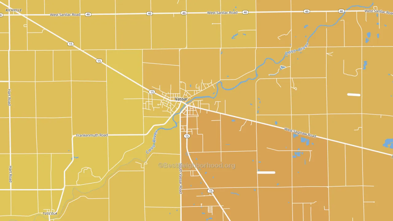 Map of the best neighborhoods in the Vassar area, with better matches in green and worse matches in red