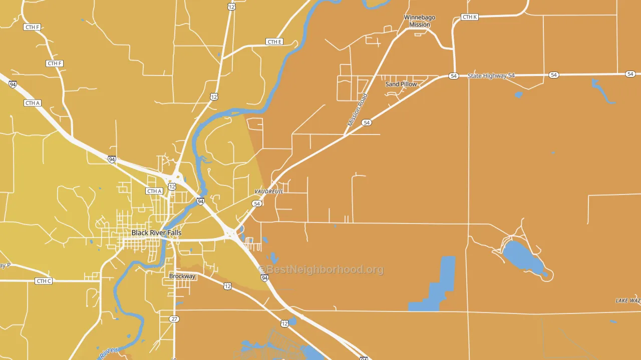 Map of the best neighborhoods in the Vaudreuil area, with better matches in green and worse matches in red