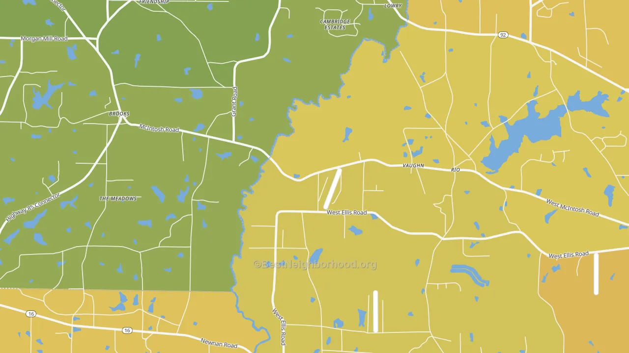 Map of the best neighborhoods in the Vaughn area, with better matches in green and worse matches in red