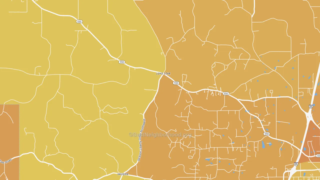 Map of the best neighborhoods in the Vaughn area, with better matches in green and worse matches in red