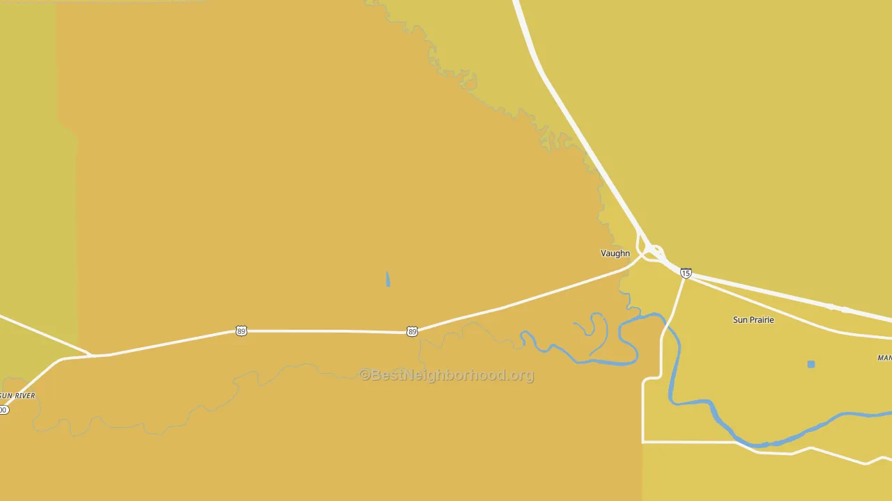 Map of the best neighborhoods in the Vaughn area, with better matches in green and worse matches in red
