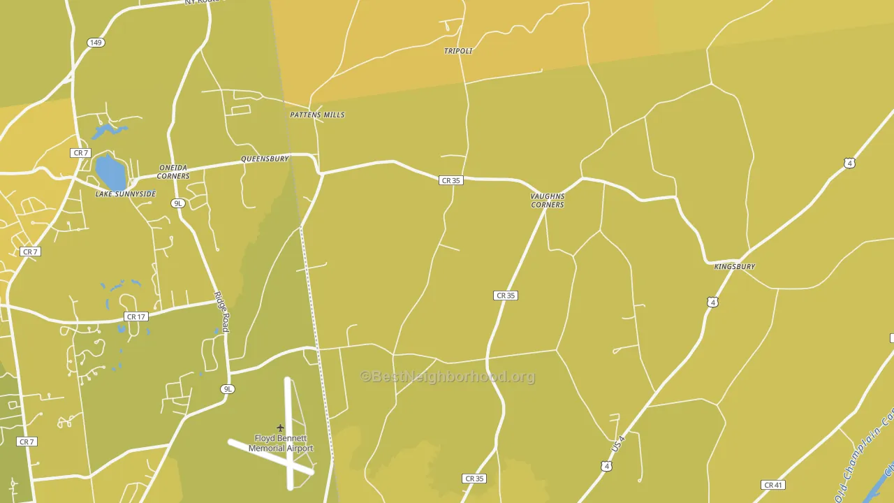 Map of the best neighborhoods in the Vaughns Corners area, with better matches in green and worse matches in red