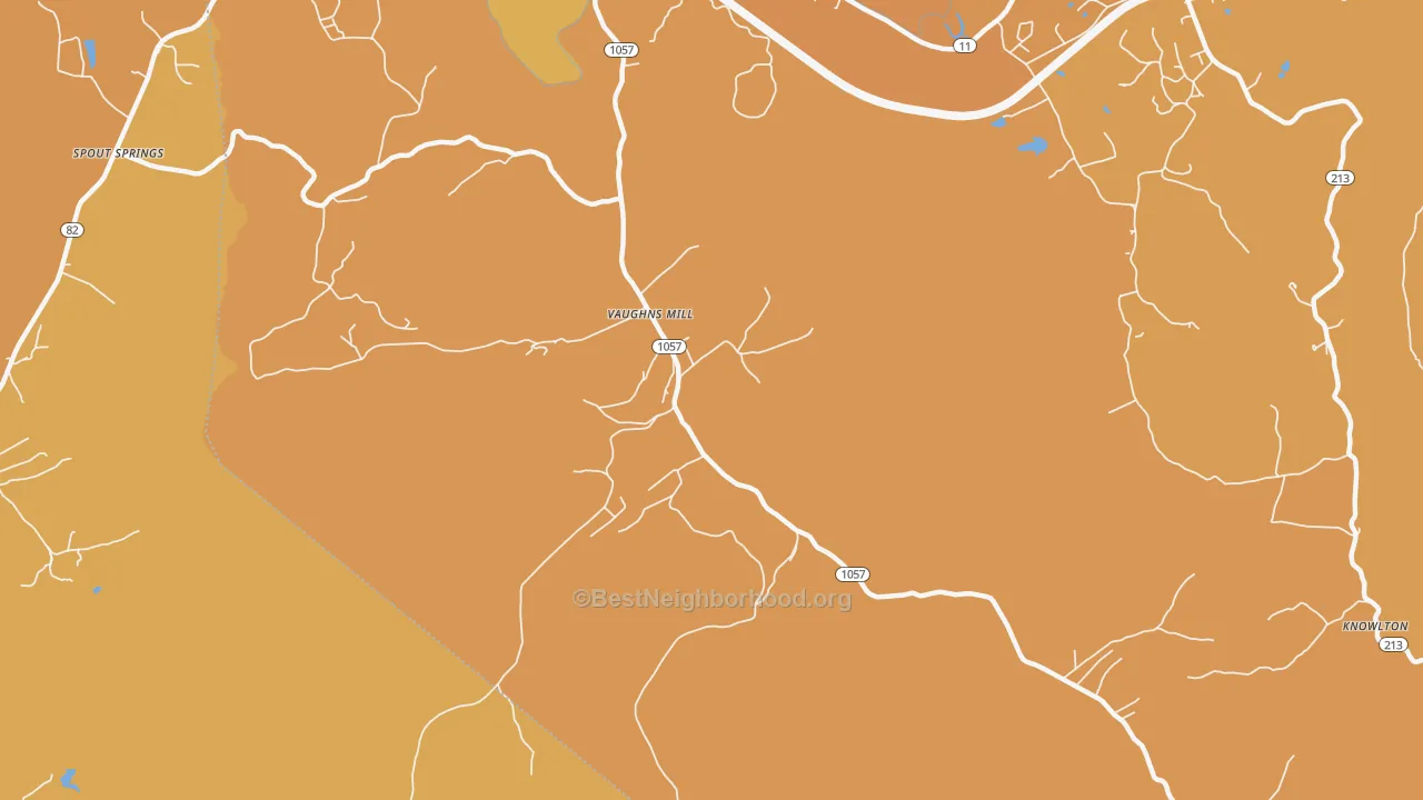 Map of the best neighborhoods in the Vaughns Mill area, with better matches in green and worse matches in red