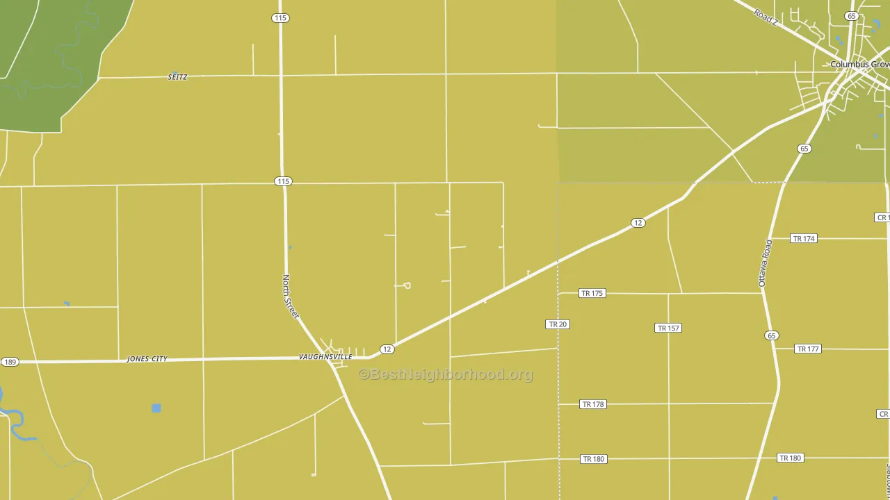 Map of the best neighborhoods in the Vaughnsville area, with better matches in green and worse matches in red