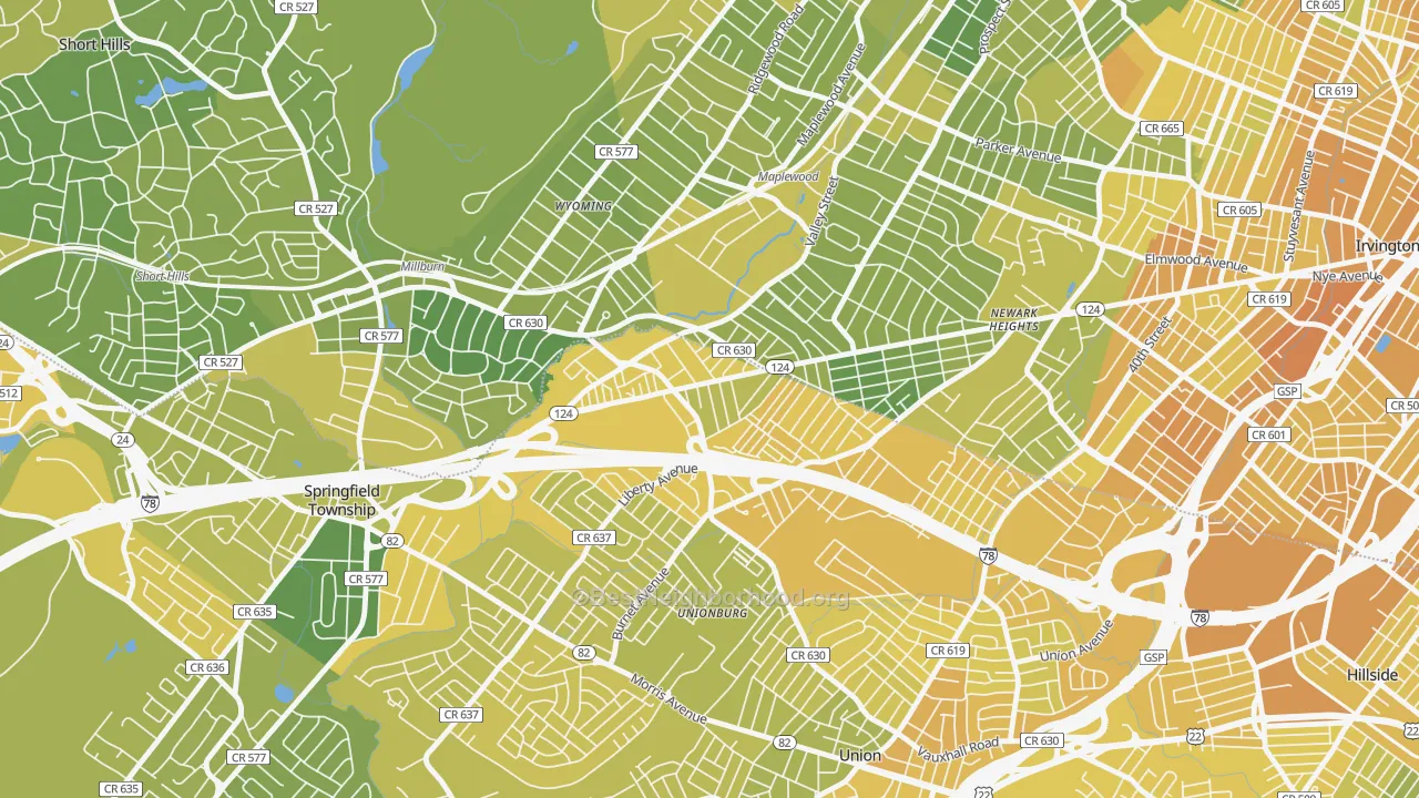 Map of the best neighborhoods in the Vauxhall area, with better matches in green and worse matches in red