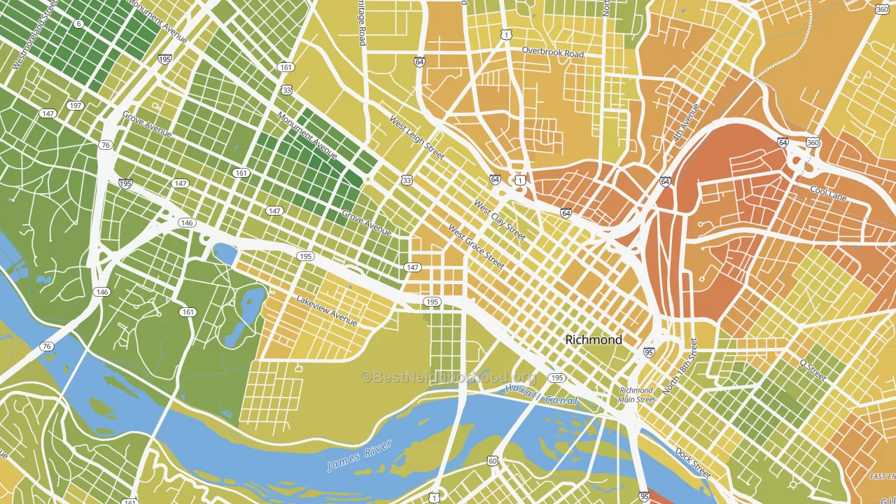 Map of the best neighborhoods in the VCU, Richmond area, with better matches in green and worse matches in red