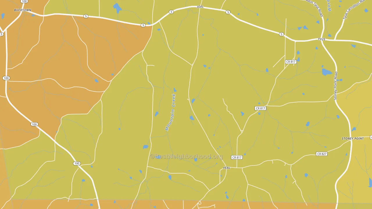 Map of the best neighborhoods in the Veal area, with better matches in green and worse matches in red