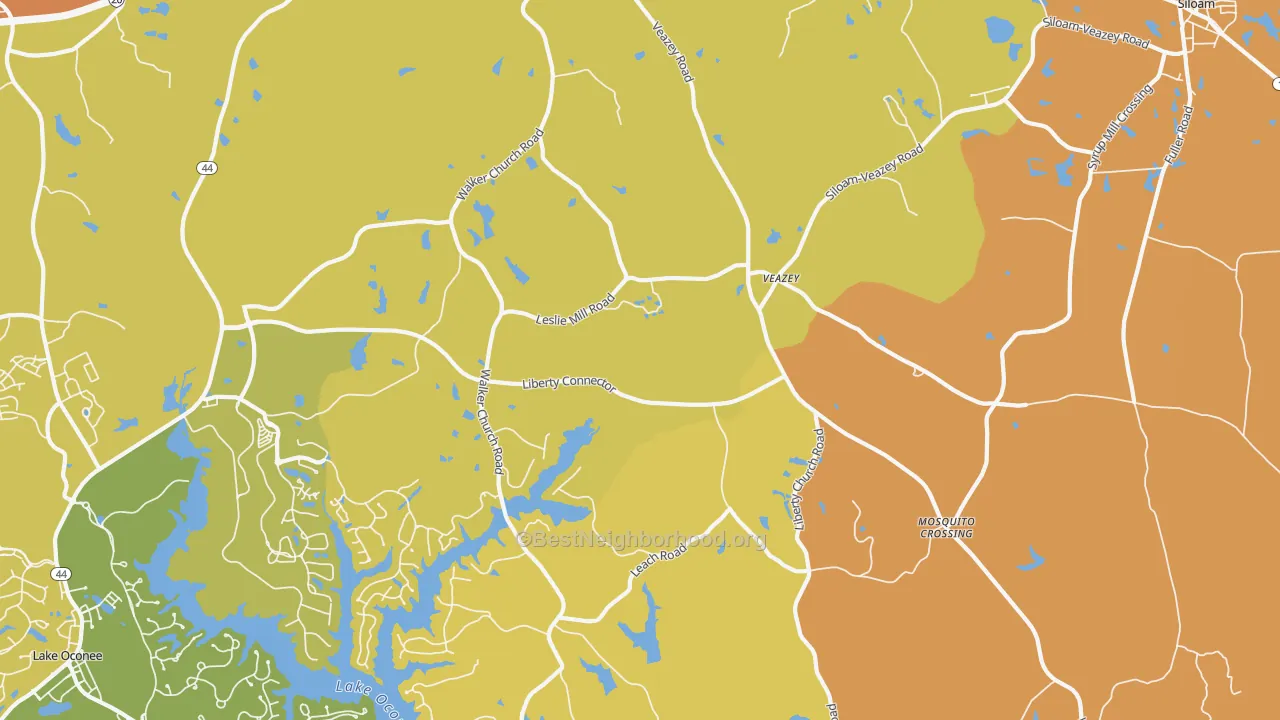 Map of the best neighborhoods in the Veazey area, with better matches in green and worse matches in red