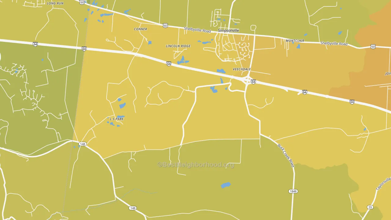 Map of the best neighborhoods in the Veechdale area, with better matches in green and worse matches in red