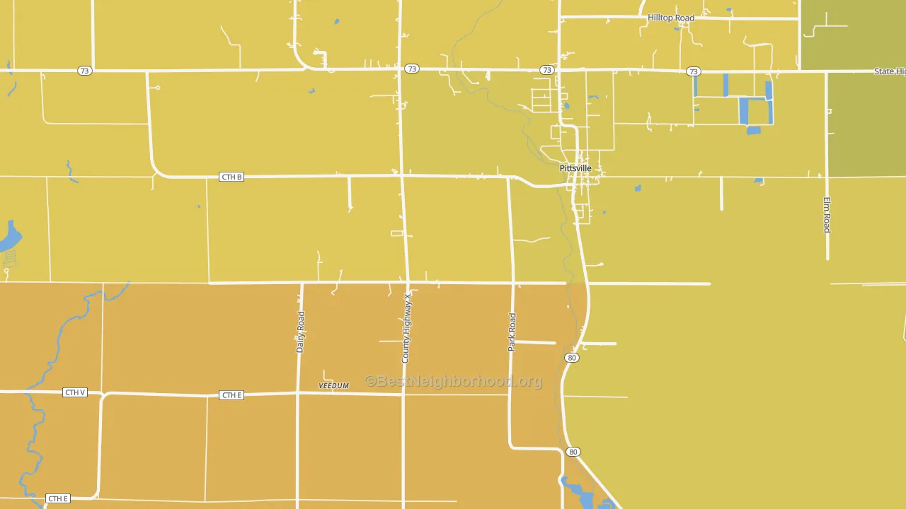 Map of the best neighborhoods in the Veedum area, with better matches in green and worse matches in red