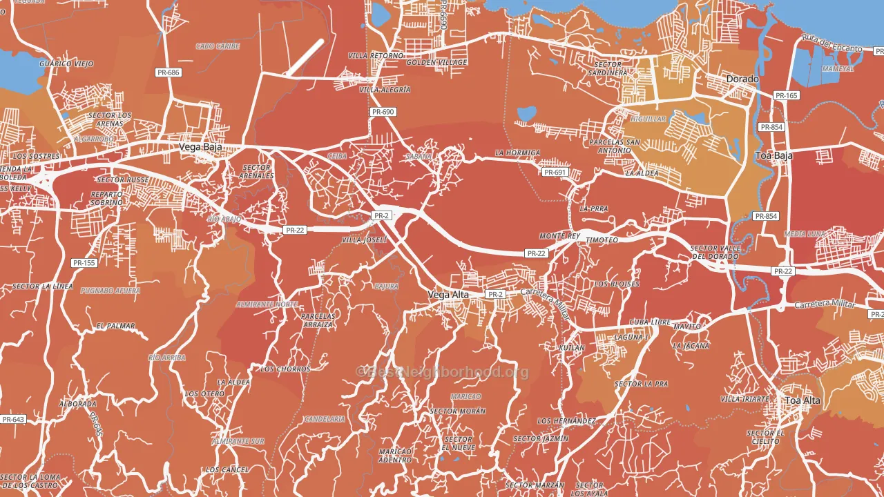 Map of the best neighborhoods in the Vega Alta Municipio area, with better matches in green and worse matches in red