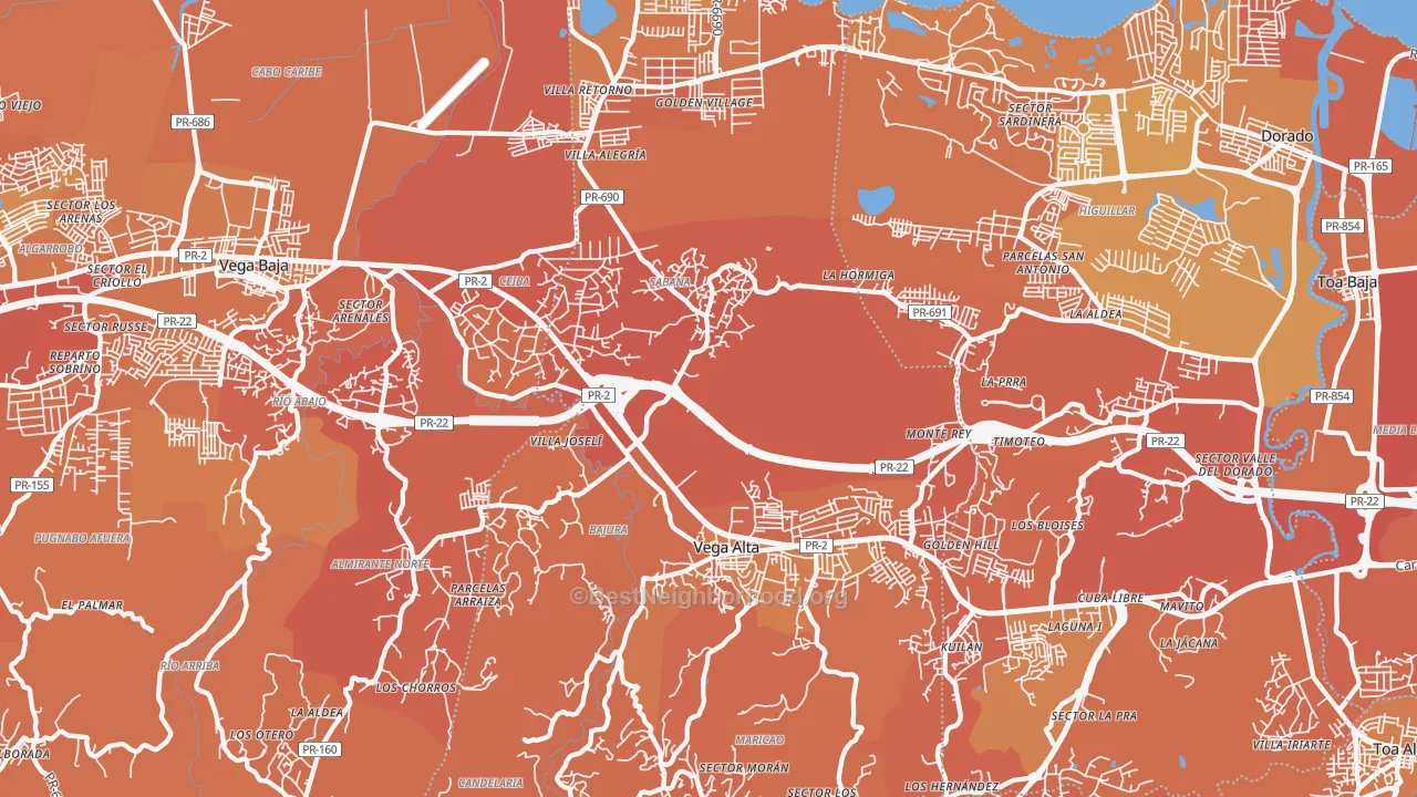 Map of the best neighborhoods in the Vega Alta area, with better matches in green and worse matches in red