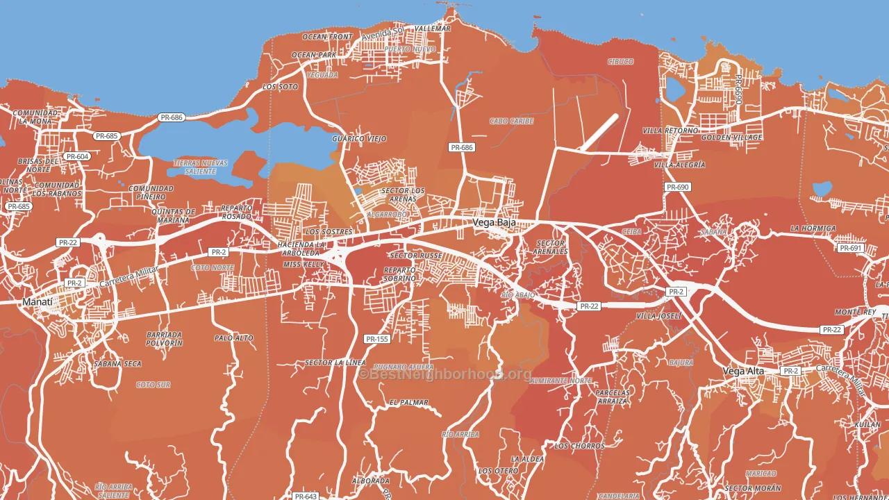 Map of the best neighborhoods in the Vega Baja Municipio area, with better matches in green and worse matches in red