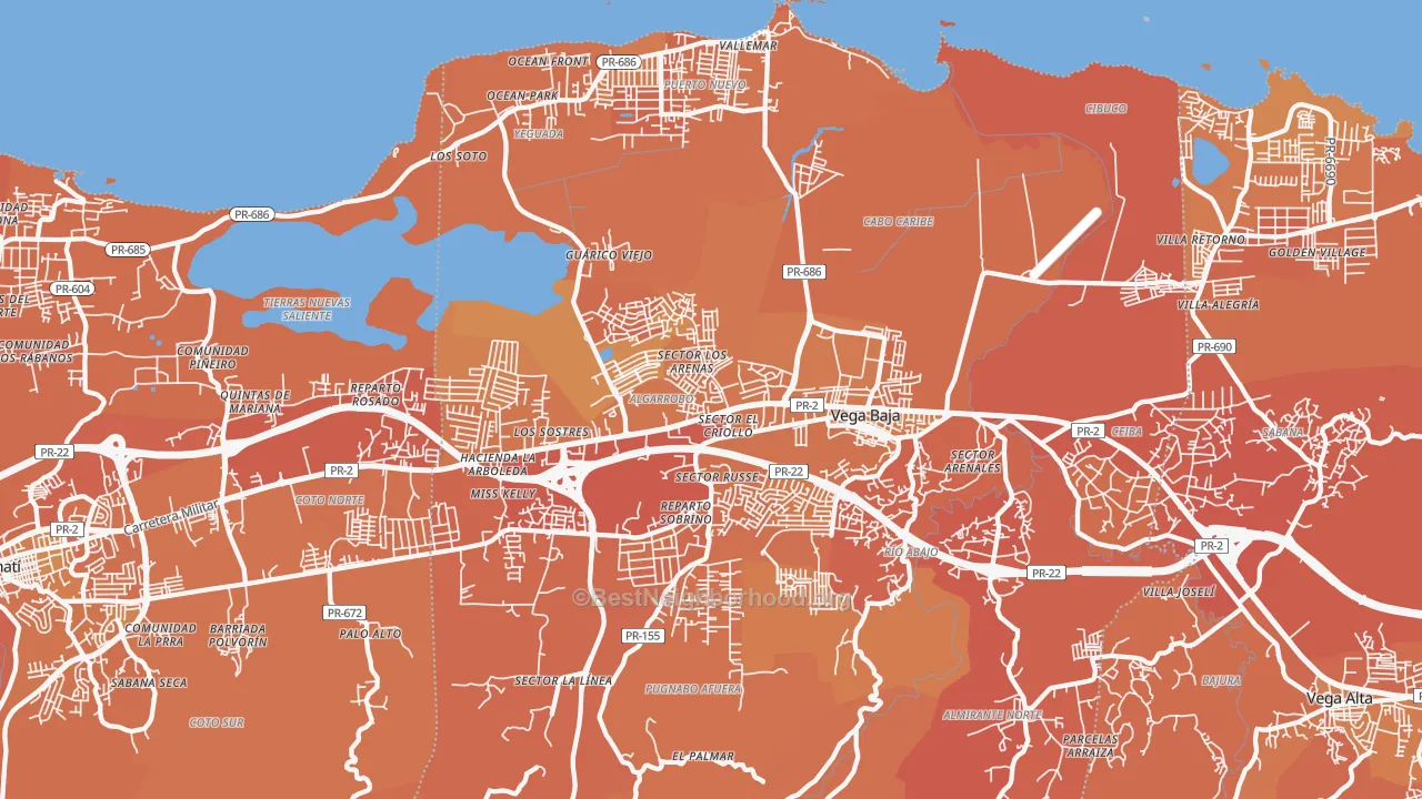 Map of the best neighborhoods in the Vega Baja area, with better matches in green and worse matches in red