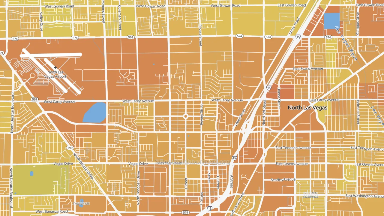 Map of the best neighborhoods in the Vegas Heights, North Las Vegas area, with better matches in green and worse matches in red