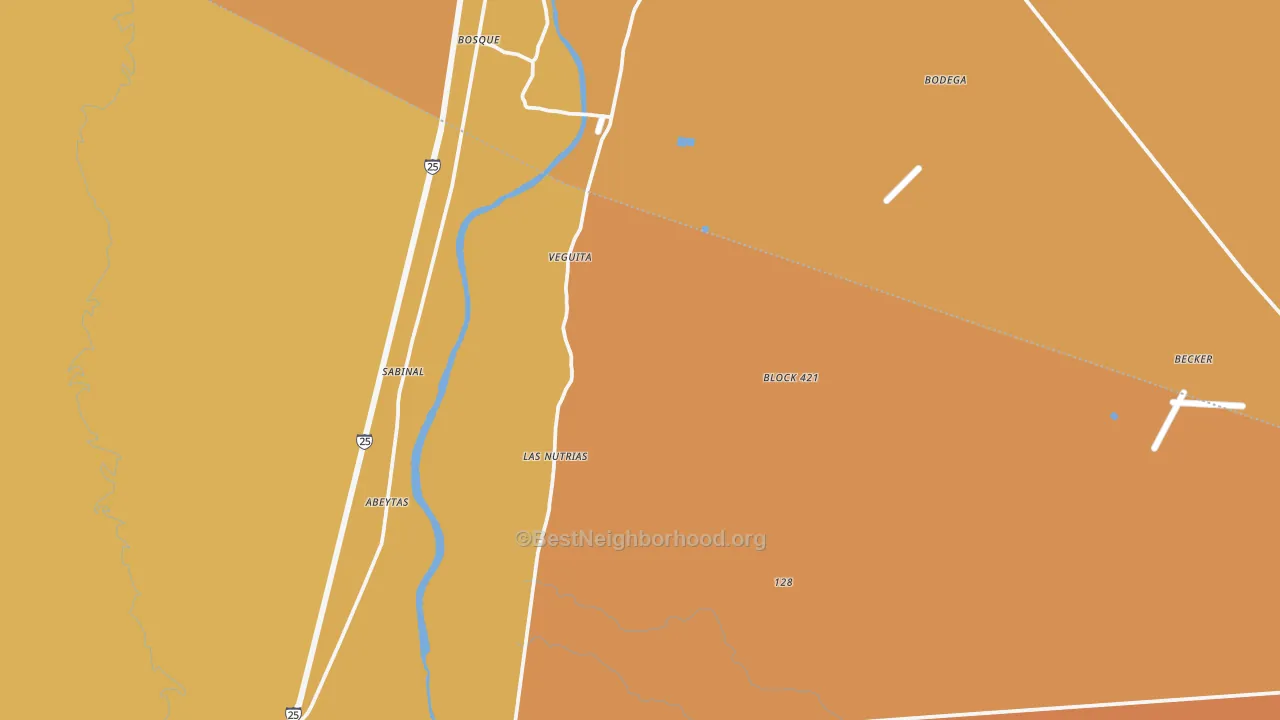 Map of the best neighborhoods in the Veguita area, with better matches in green and worse matches in red