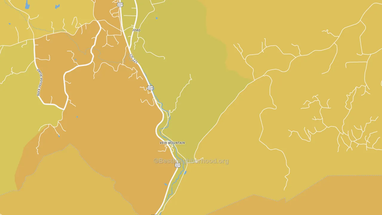 Map of the best neighborhoods in the Vein Mountain area, with better matches in green and worse matches in red