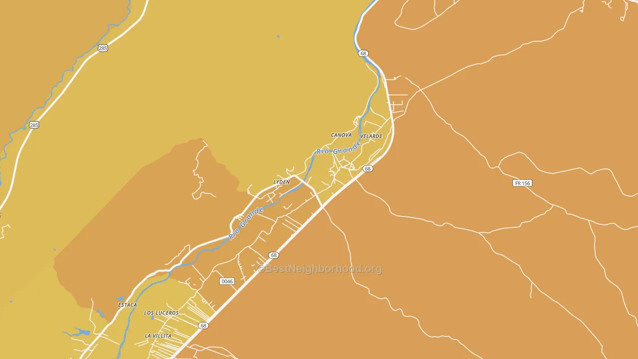 Map of the best neighborhoods in the Velarde area, with better matches in green and worse matches in red