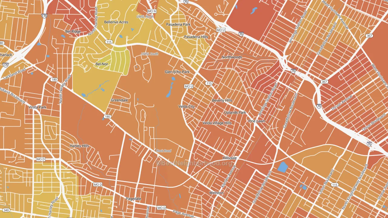 Map of the best neighborhoods in the Velda City area, with better matches in green and worse matches in red