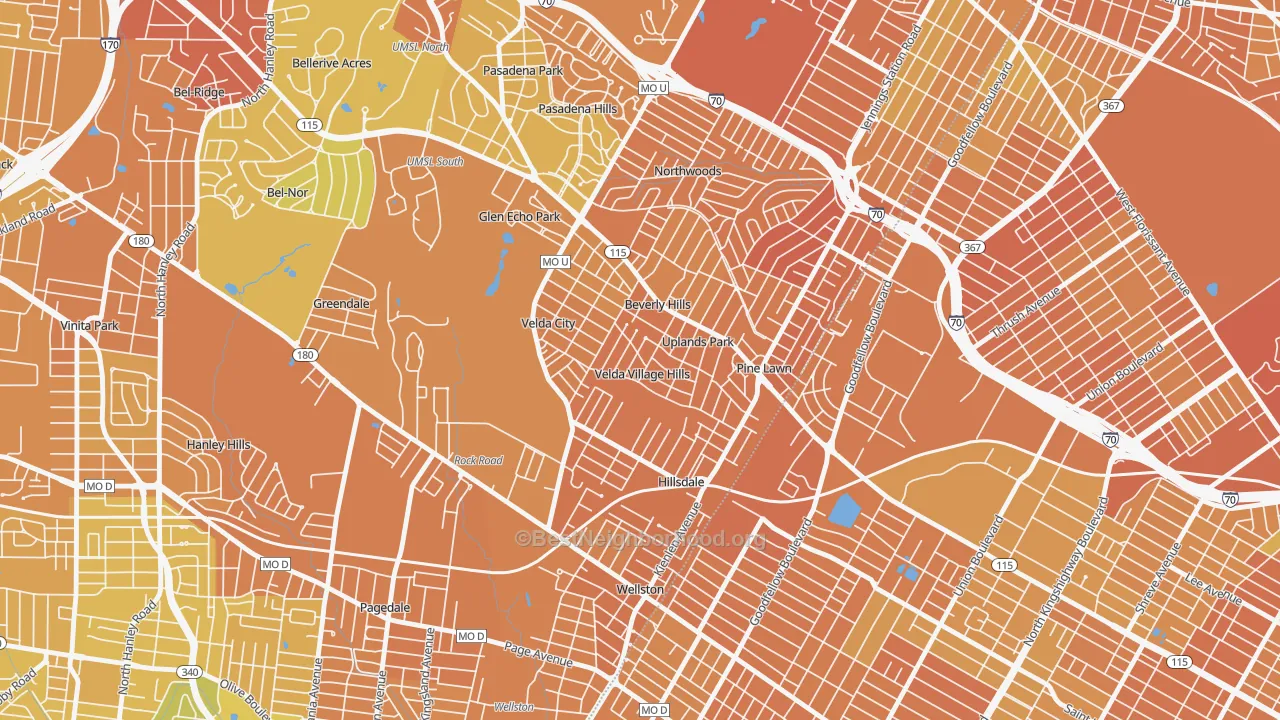 Map of the best neighborhoods in the Velda Village Hills area, with better matches in green and worse matches in red