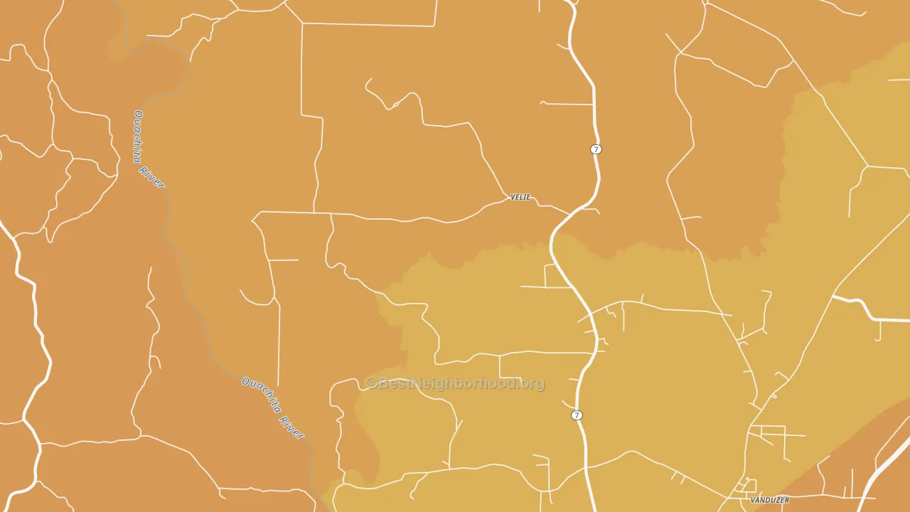 Map of the best neighborhoods in the Velie area, with better matches in green and worse matches in red