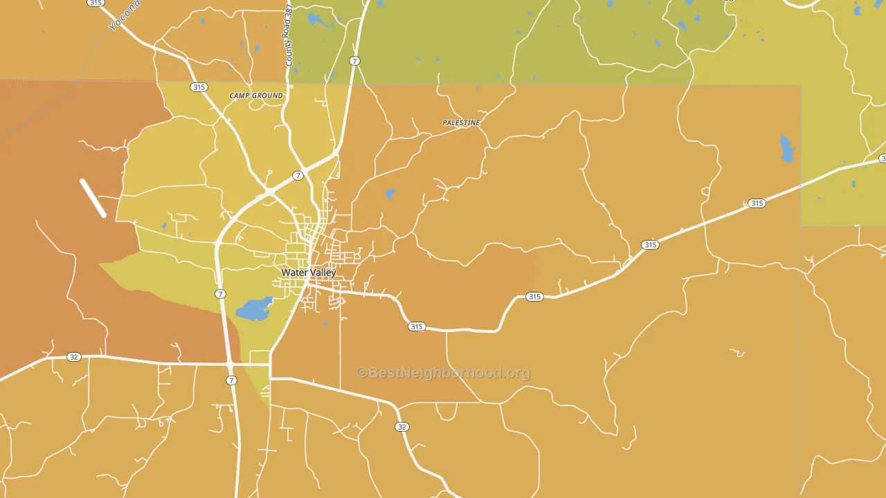 Map of the best neighborhoods in the Velma area, with better matches in green and worse matches in red