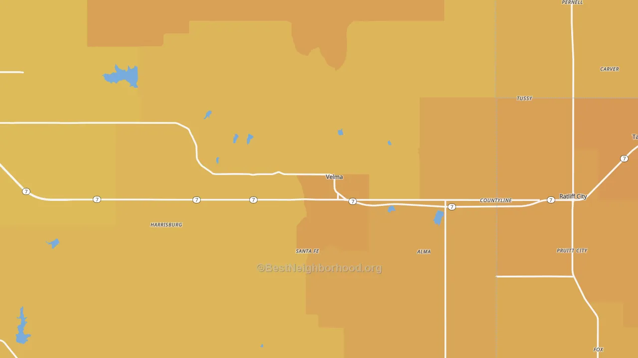 Map of the best neighborhoods in the Velma area, with better matches in green and worse matches in red