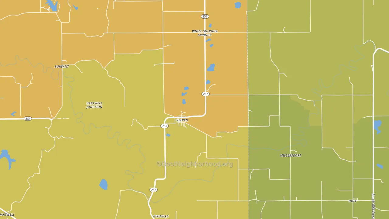 Map of the best neighborhoods in the Velpen area, with better matches in green and worse matches in red