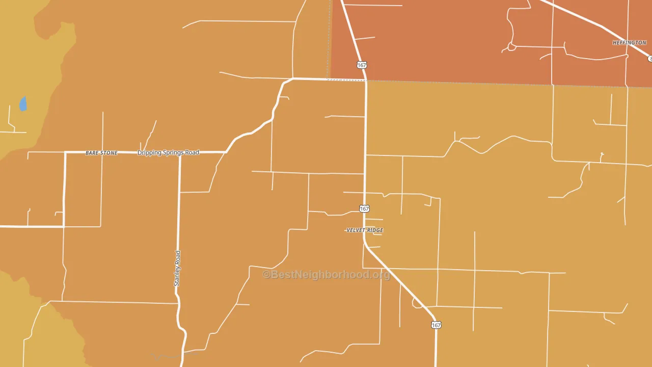 Map of the best neighborhoods in the Velvet Ridge area, with better matches in green and worse matches in red