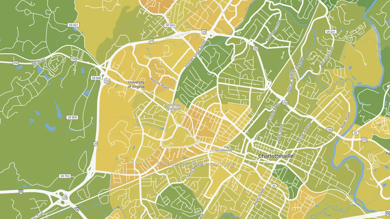 Map of the best neighborhoods in the Venable, Charlottesville area, with better matches in green and worse matches in red