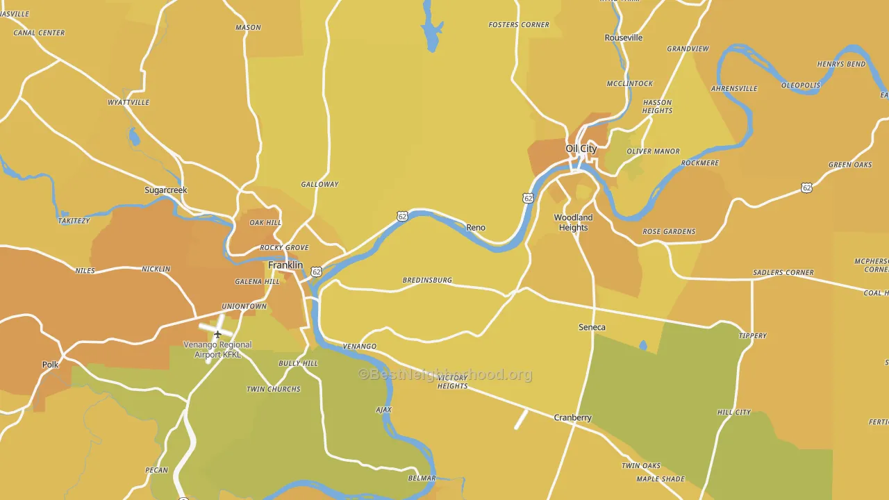 Map of the best neighborhoods in the Venango County area, with better matches in green and worse matches in red