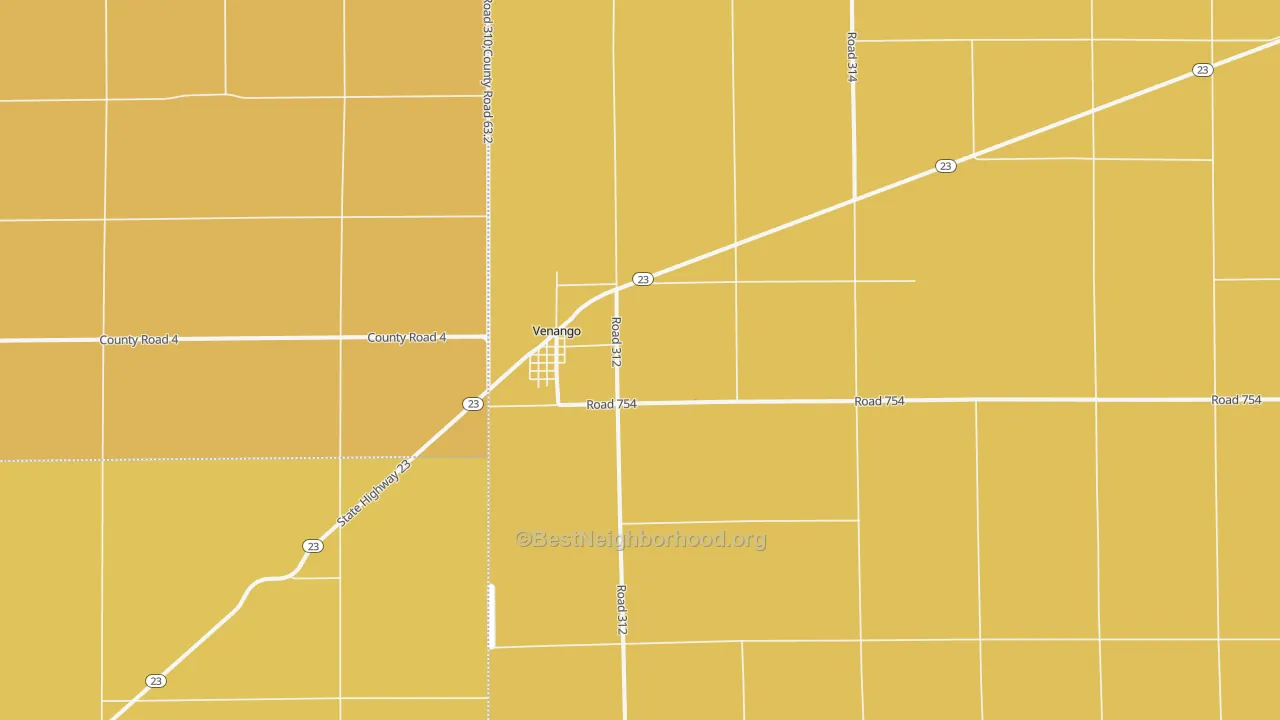 Map of the best neighborhoods in the Venango area, with better matches in green and worse matches in red