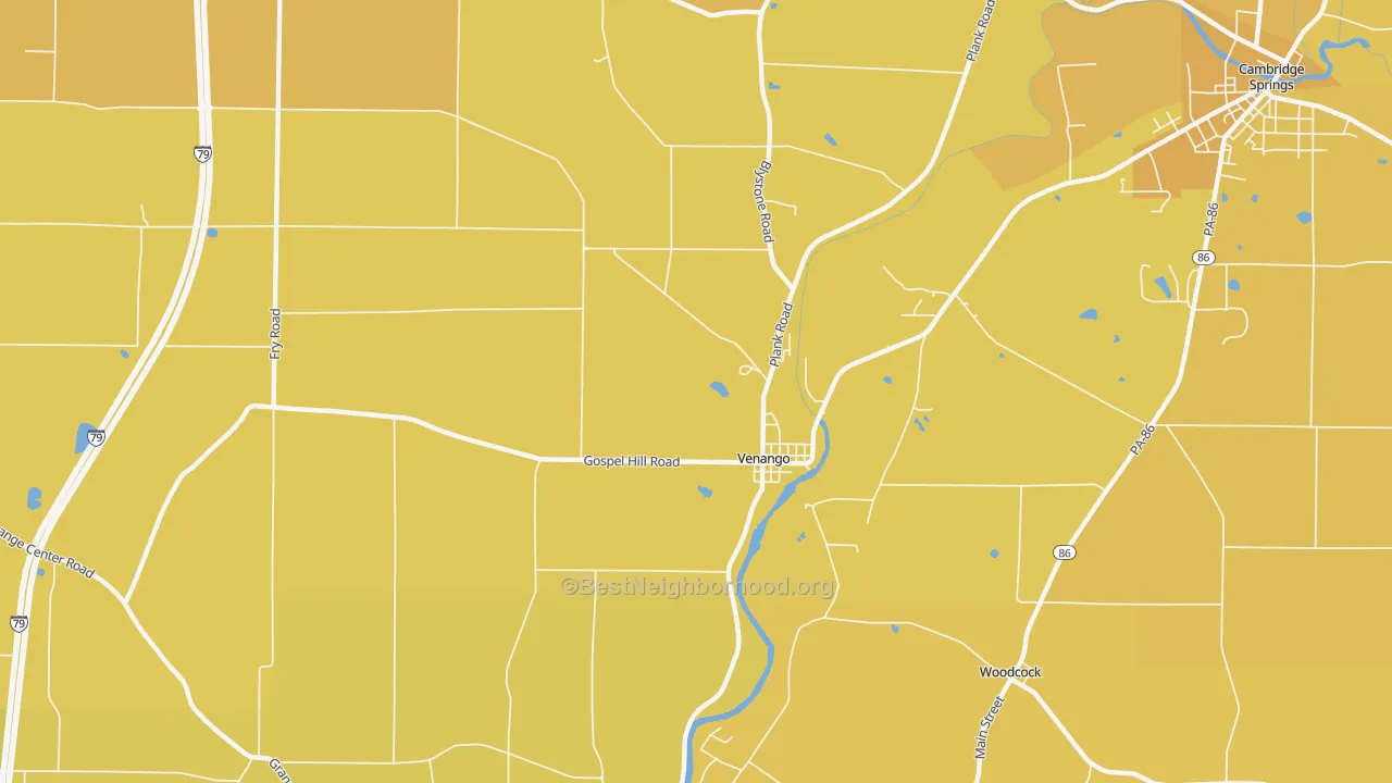 Map of the best neighborhoods in the Venango area, with better matches in green and worse matches in red