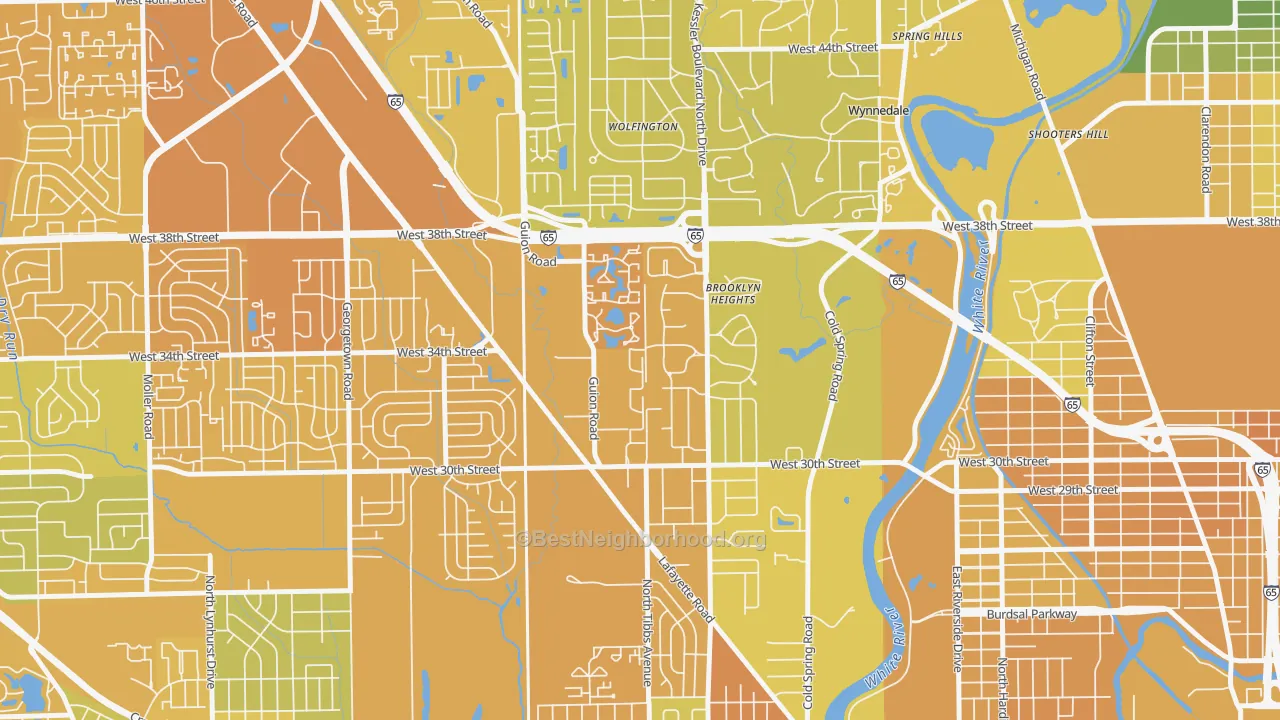 Map of the best neighborhoods in the Venerable Flackville, Indianapolis area, with better matches in green and worse matches in red