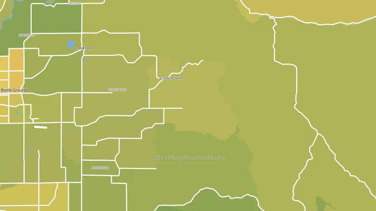 Map of the best neighborhoods in the Venersborg area, with better matches in green and worse matches in red