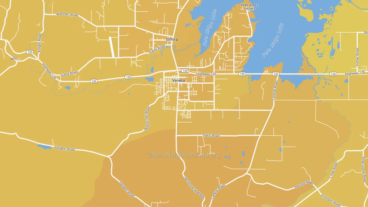 Map of the best neighborhoods in the Veneta area, with better matches in green and worse matches in red
