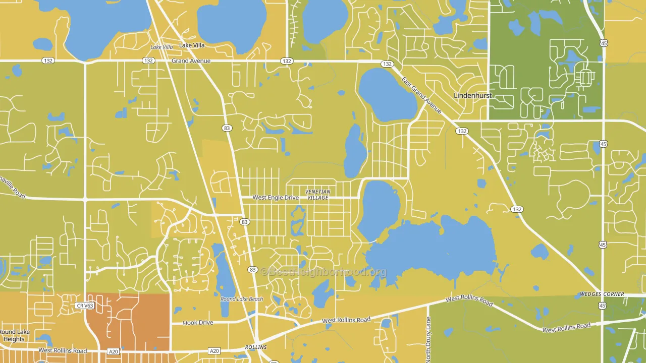 Map of the best neighborhoods in the Venetian Village area, with better matches in green and worse matches in red