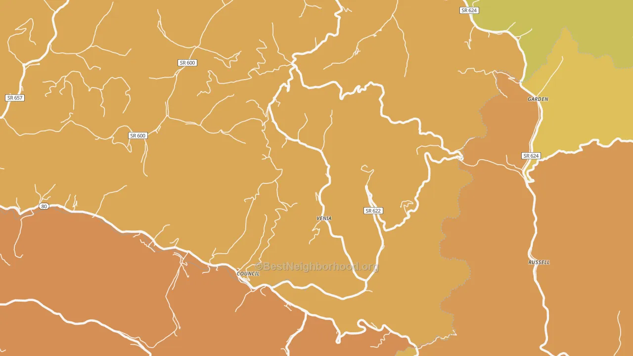 Map of the best neighborhoods in the Venia area, with better matches in green and worse matches in red