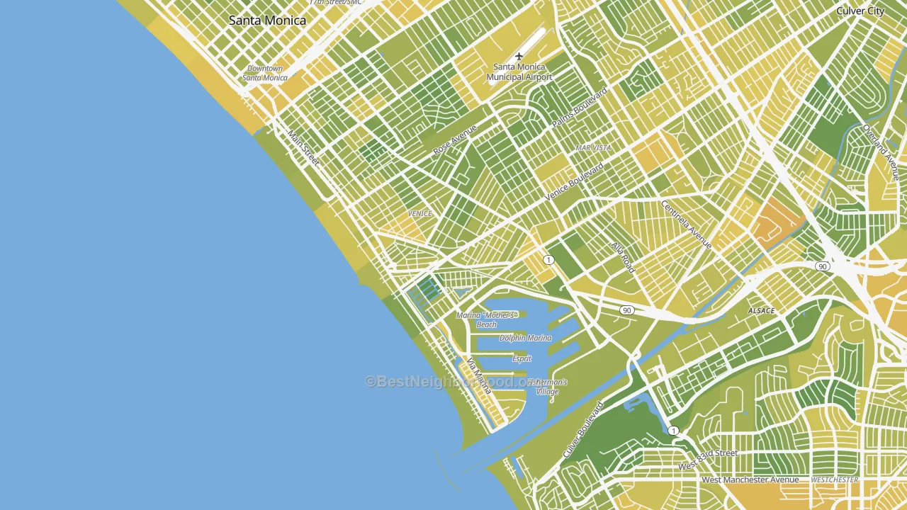 Map of the best neighborhoods in the Venice area, with better matches in green and worse matches in red