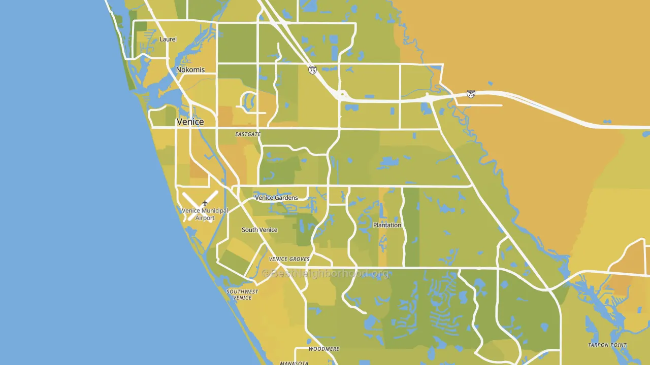 Map of the best neighborhoods in the Venice area, with better matches in green and worse matches in red