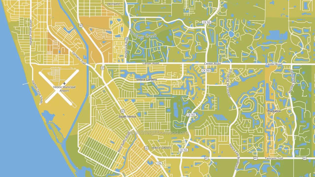 Map of the best neighborhoods in the Venice Gardens area, with better matches in green and worse matches in red