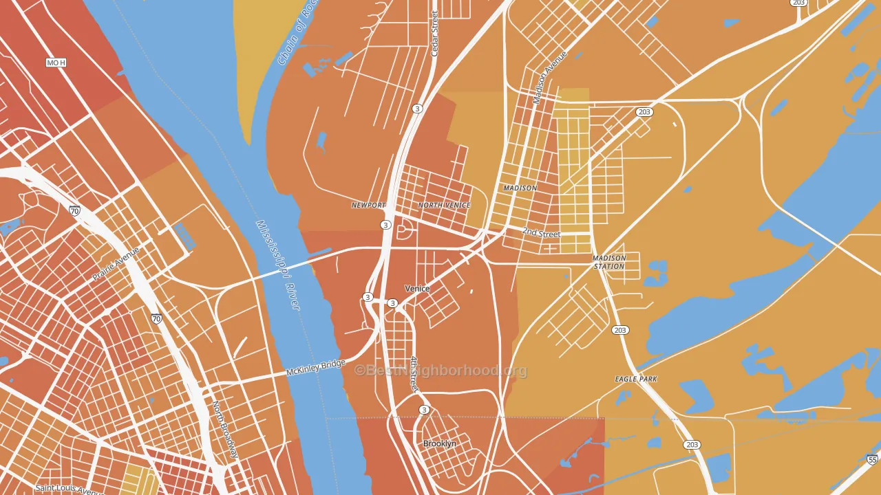 Map of the best neighborhoods in the Venice area, with better matches in green and worse matches in red