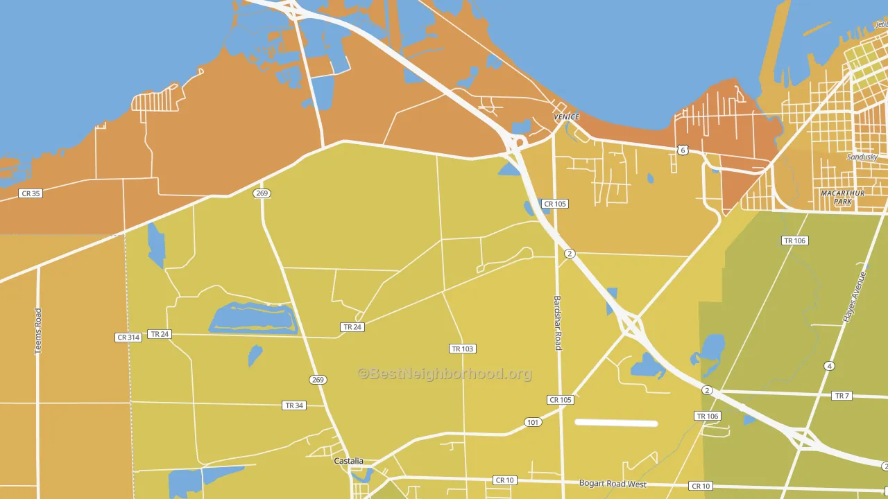 Map of the best neighborhoods in the Venice area, with better matches in green and worse matches in red