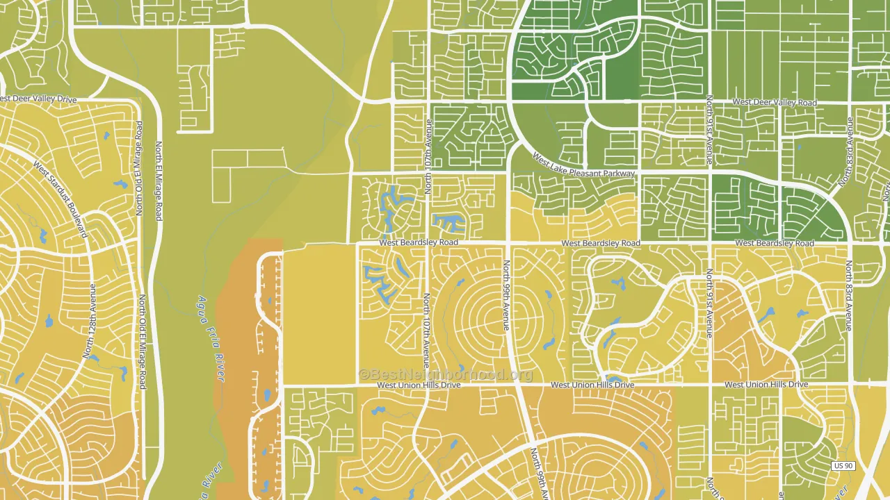 Map of the best neighborhoods in the Ventana Lakes, Peoria area, with better matches in green and worse matches in red