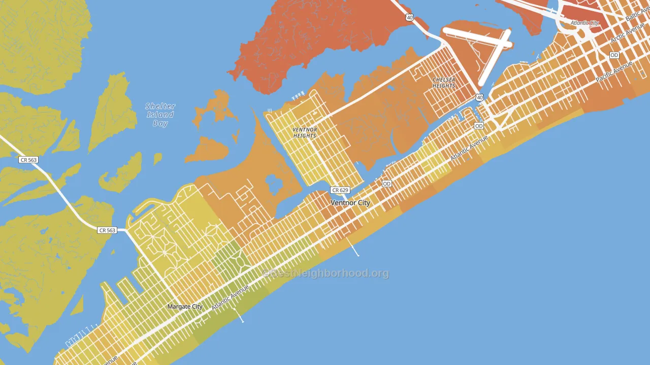 Map of the best neighborhoods in the Ventnor City area, with better matches in green and worse matches in red